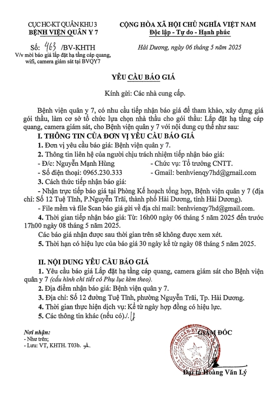 Bệnh viện quân y 7, có nhu cầu tiếp nhận báo giá để tham khảo, xây dựng giá gói thầu, làm cơ sở tổ chức lựa chọn nhà thầu cho gói thầu: